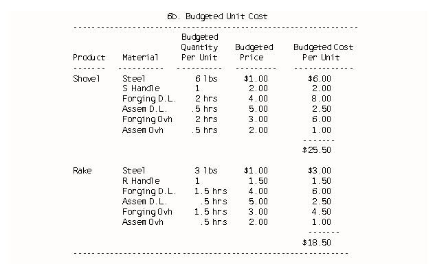 Budgeted Unit Costs